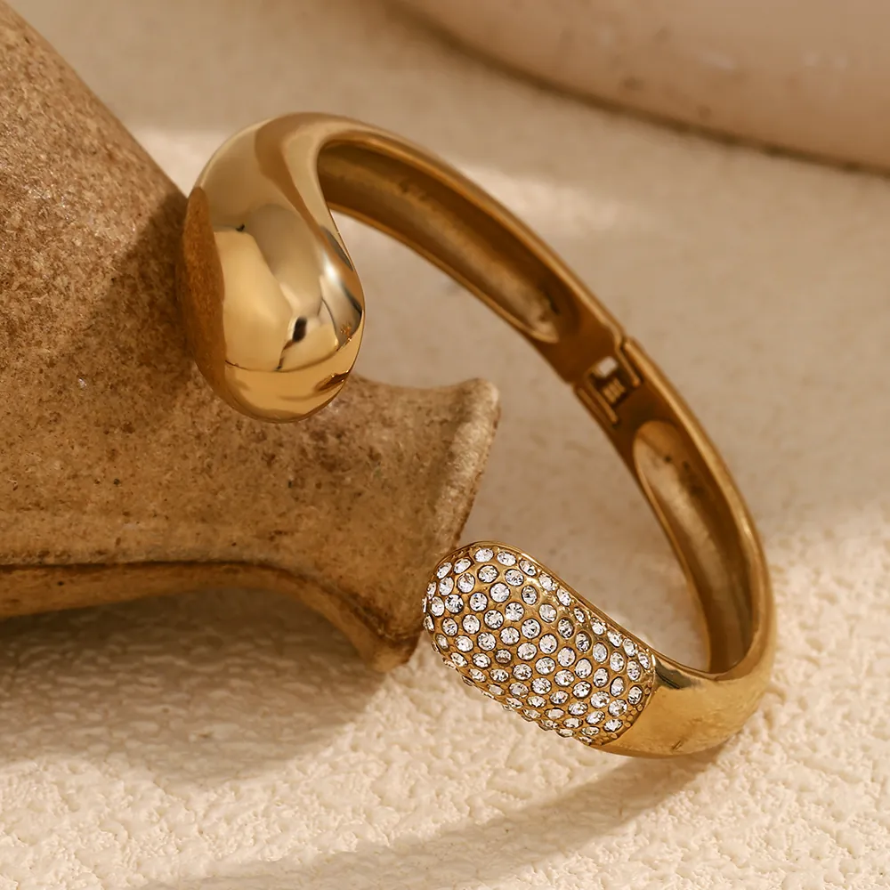 Bracelet Jonc Ouvert Tête De Serpent Acier Inoxydable Plaqué Or 18K Zircon Blanc Pavé Bijoux Pour Femmes