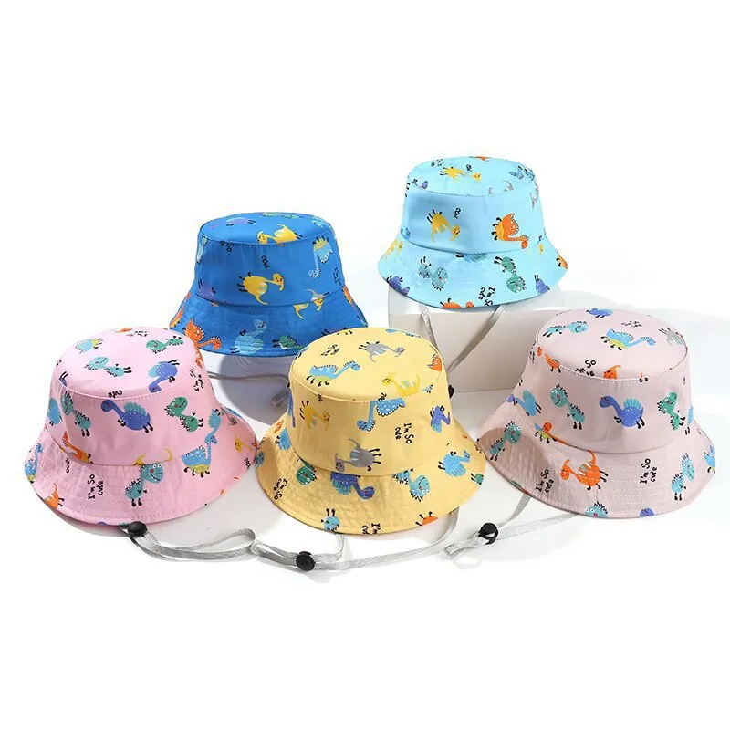 Kids Cute Cartoon Dinosaur Bucket Hat Cotton Polyester Sunshade Cap With Adjustable Windproof Rope For Baby Boys Girls