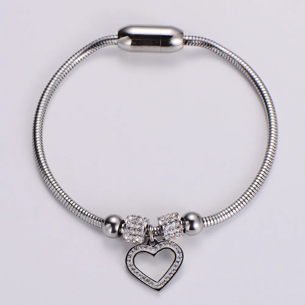 Hollow Heart Pendant Snake Chain Bracelet 316L Stainless Steel Rhinestone Inlaid Magnetic Buckle Elegant Jewelry Women