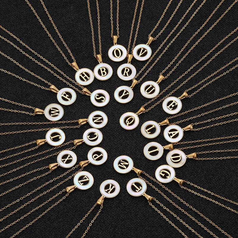 Gold Plated Stainless Steel Round Initial Letter Necklace With White Mother Of Artificial Pearl Shell Inlay Minimalist Jewelry