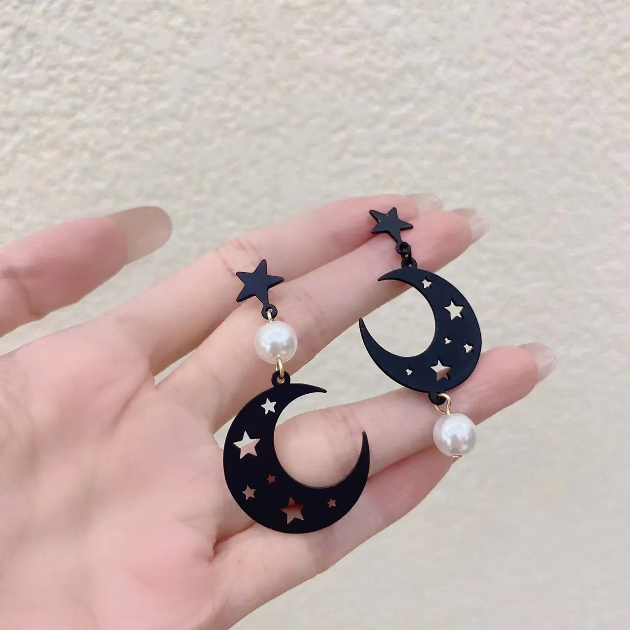 Star Moon Asymmetric Dangle Earrings Alloy Faux Artificial Pearl With 925 Sterling Silver Earring Post Retro Cool Jewelry For Women
