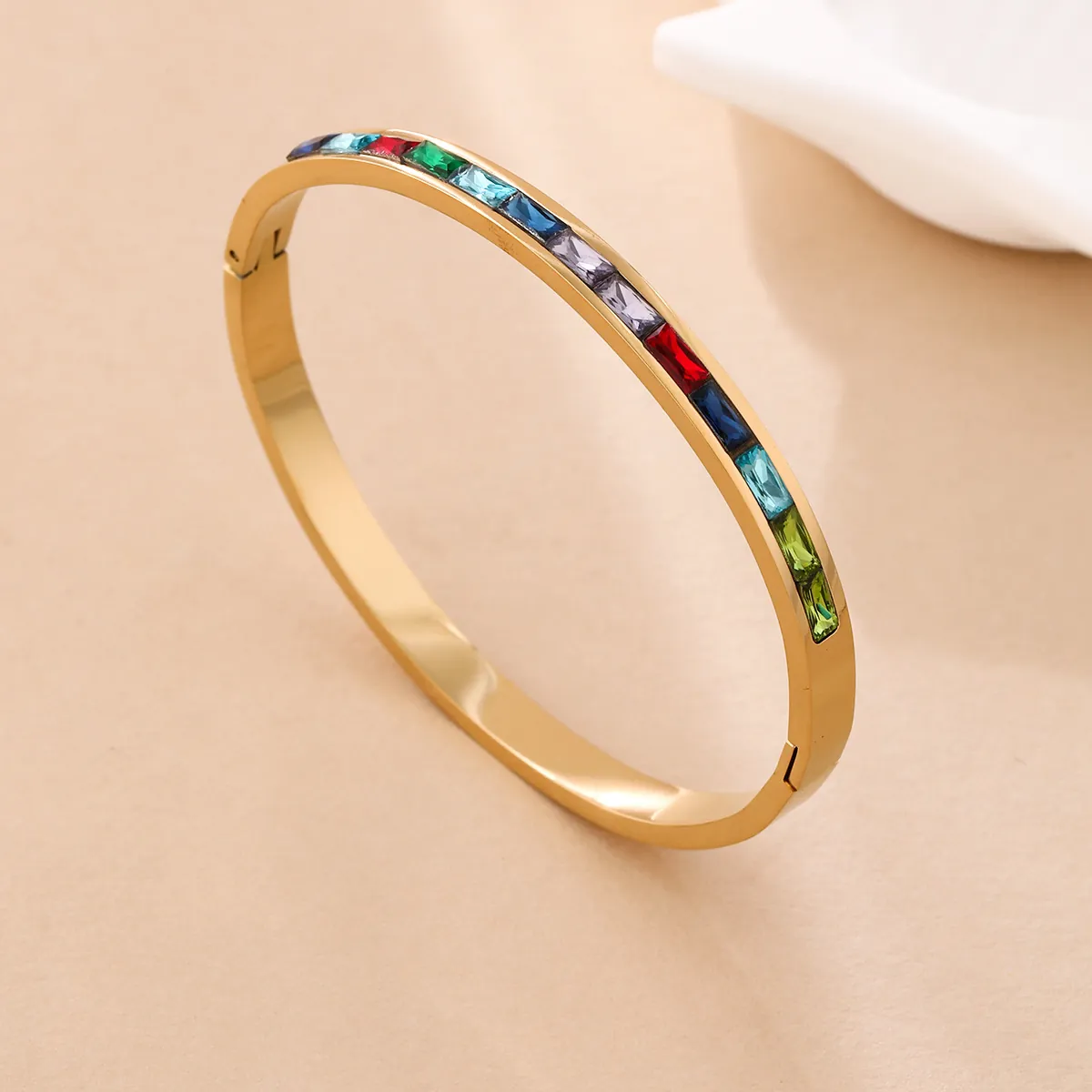 Hinged Bangle Bracelet Gold Plated Stainless Steel With Rainbow Rectangular Zircon Channel Set Retro Jewelry For Women