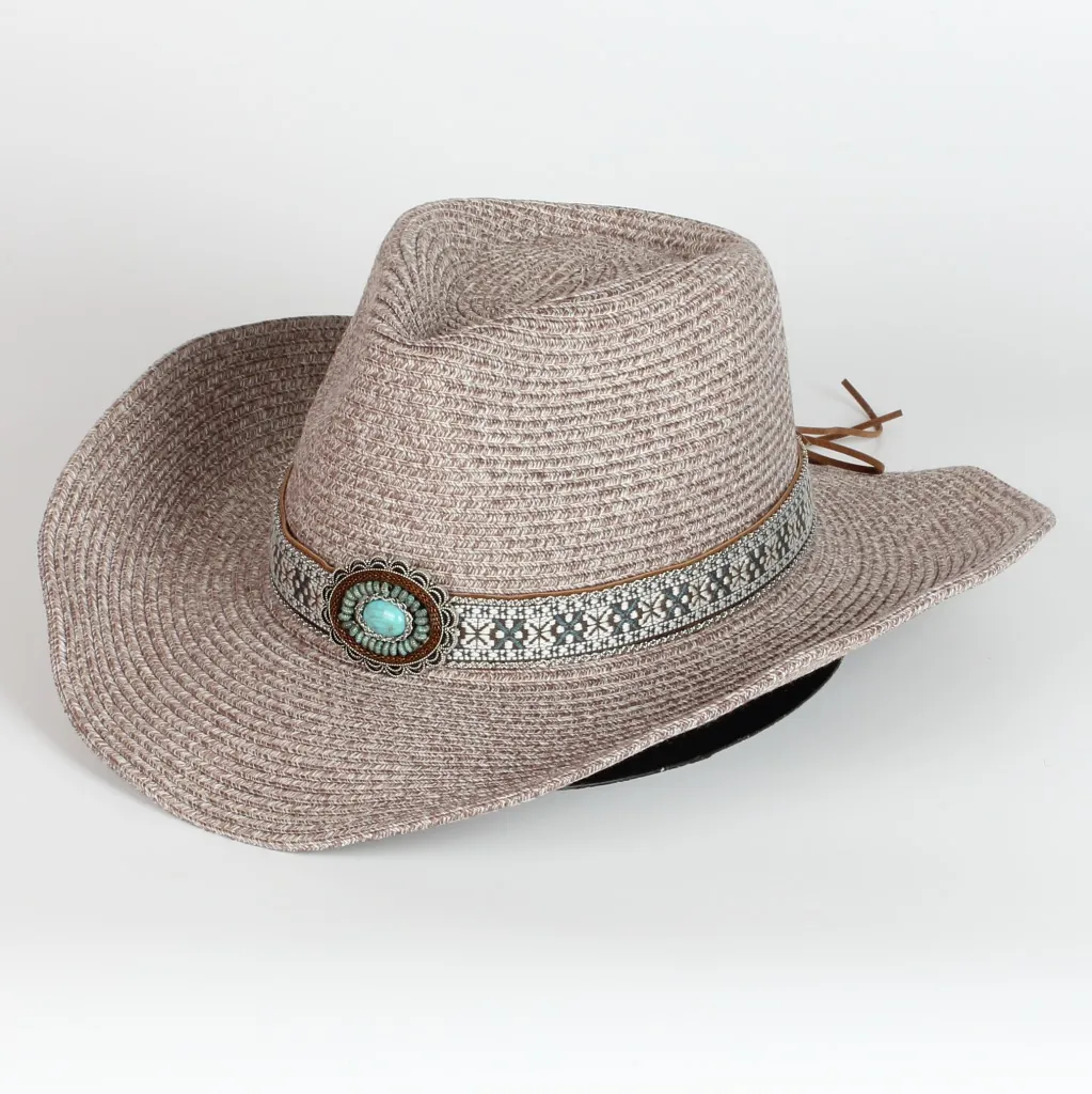 Cappello Di Paglia Cowboy Occidentale Con Fascia Etnica Ornamento Turchese Protezione Solare Tesa Larga Spiaggia Estate Viaggio Unisex