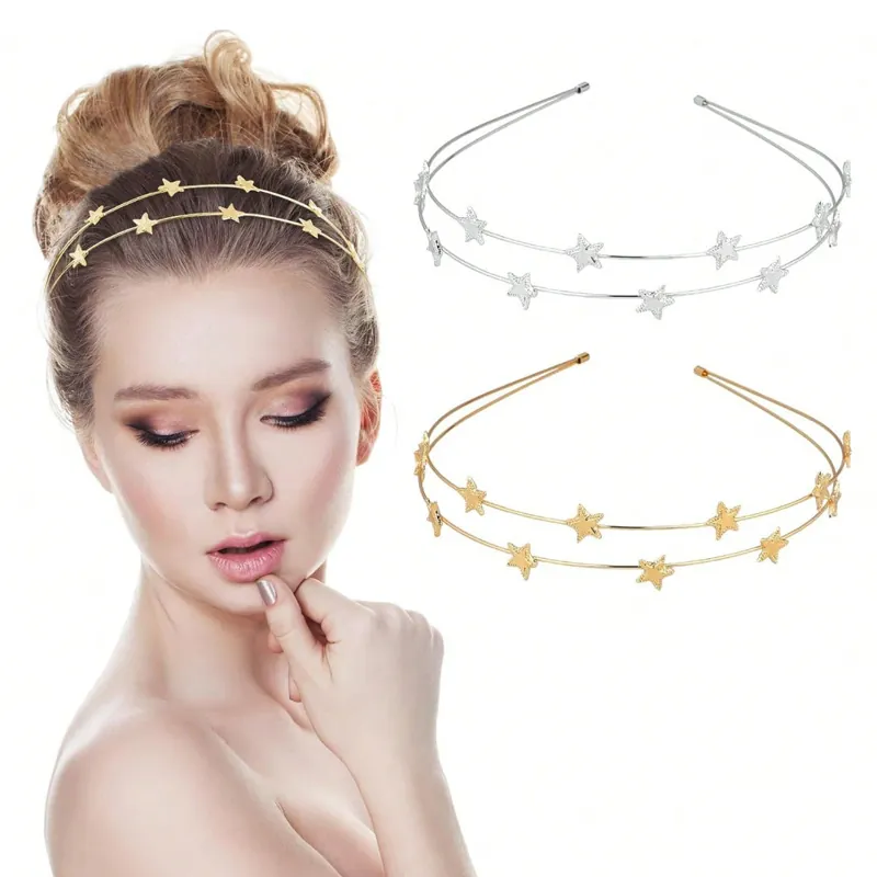 Elegant Metal Double Layer Headband With Star Charms Minimalist Alloy Hair Hoop For Women Sweet Style Hair Accessory