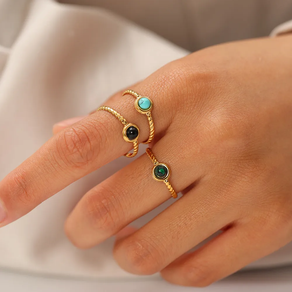 Bague Ouverte Rétro En Acier Inoxydable Pour Femmes Plaqué Or 18K Ajustable Anneau Torsadé Pierre Naturelle Étanche Hypoallergénique
