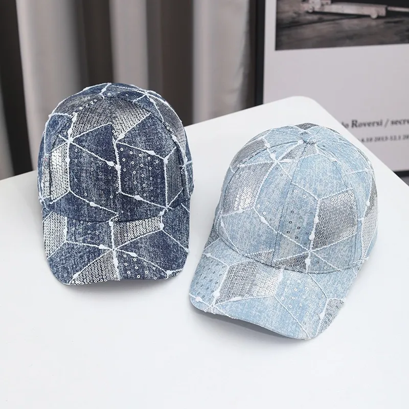 Fashion Women Sequin Denim Baseball Cap Shiny Geometric Pattern Distressed Cotton Washed Adjustable Sun Hat Streetwear