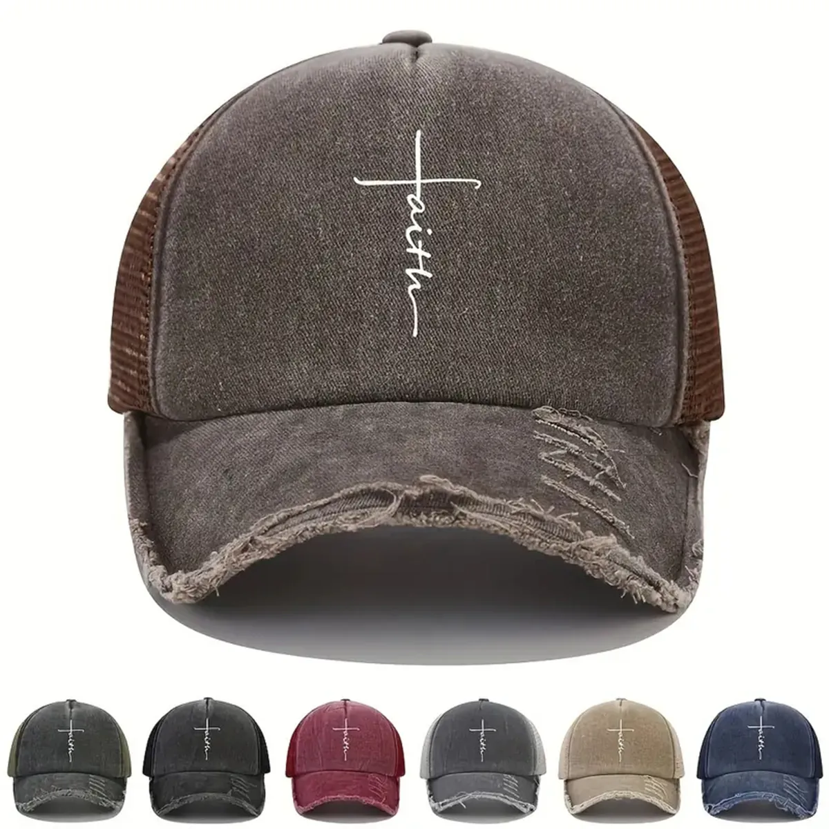 Cappello Da Baseball Vintage Distressed Cotone Lavato Mesh Trucker Hat Ricamo Croce Faith Traspirante Cappello Sole Unisex