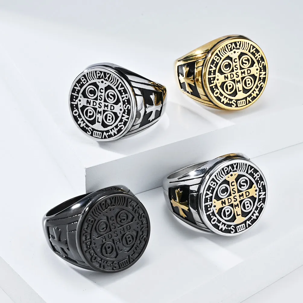Vintage Saint Benedict Medal Signet Ring Stainless Steel Religious Cross Exorcist Hip Hop Punk Jewelry For Men