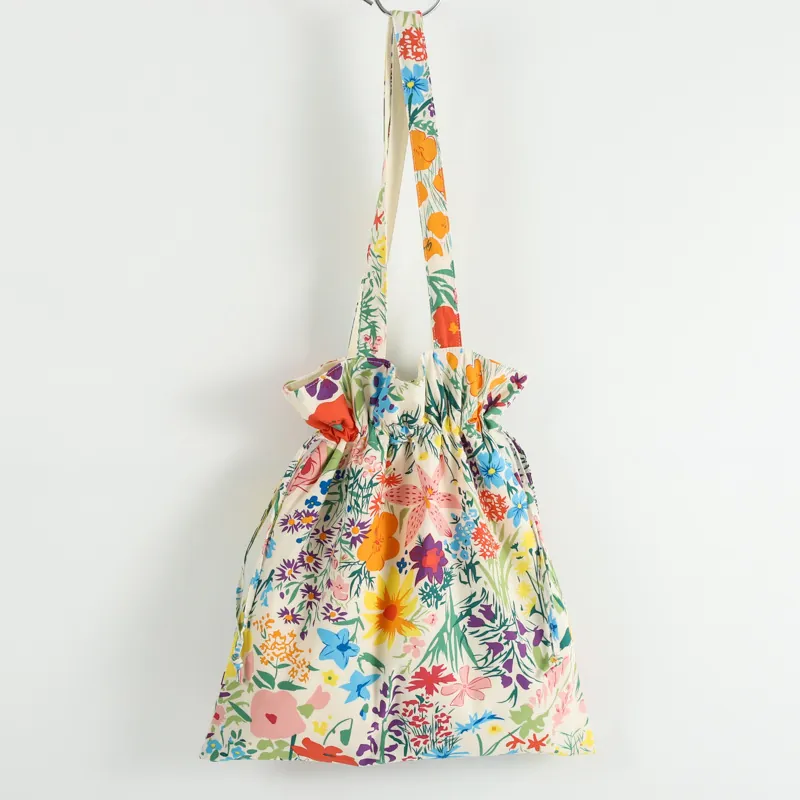 Floral Print Cotton Canvas Shoulder Bag Drawstring Closure Large Capacity Fresh Pastoral Style Handbag For Women