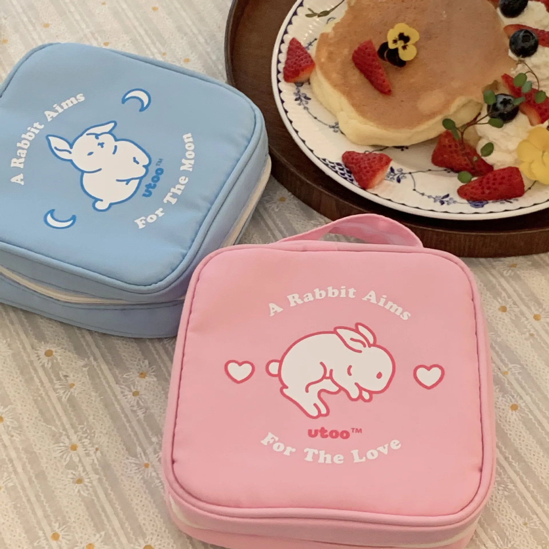 Cute Cartoon Rabbit Pattern Square Cosmetic Bag Polyester Waterproof Portable Makeup Pouch Women Travel Storage Case