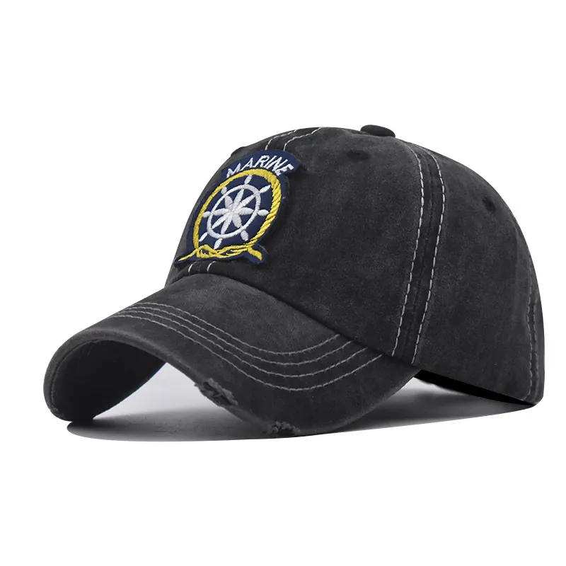 Retro Washed Cotton Baseball Cap Distressed Torn Brim Marine Embroidery Nautical Style Unisex Adjustable Sun Hat