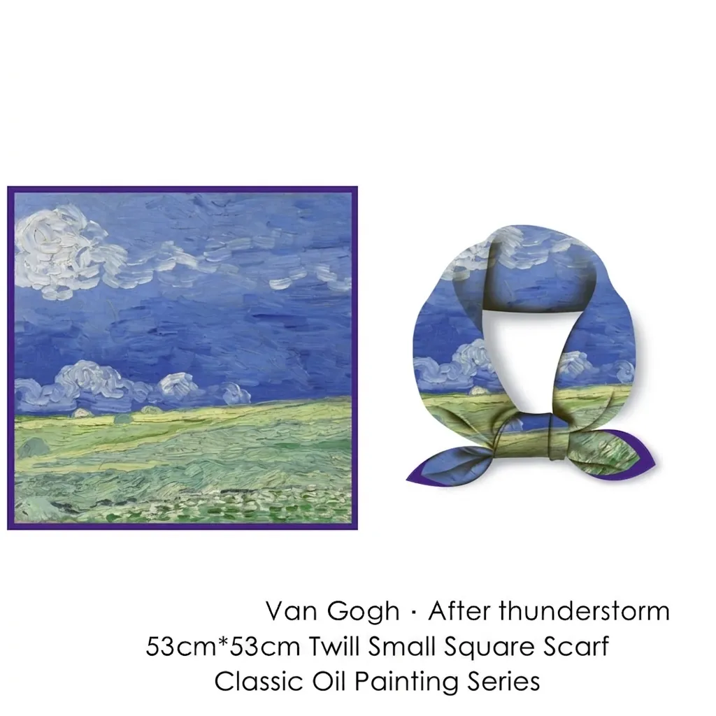 Artistic Oil Painting Print Satin Square Scarf Wheatfield After Thunderstorm Silk Like Hair Band Scarf For Women Accessories