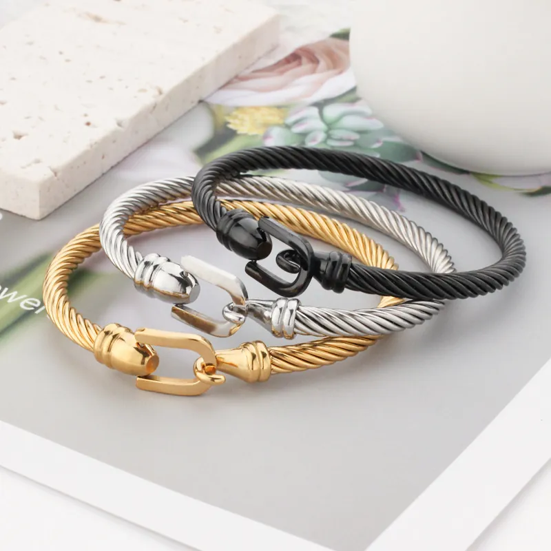 Bangle Bracelet Stainless Steel Horseshoe Buckle Twisted Cable Wire Retro Minimalist Nautical Style For Men Women