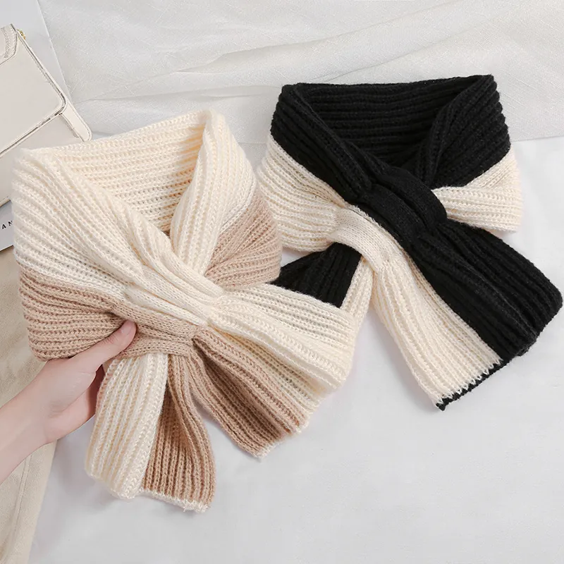 Écharpe en Tricot d'Hiver pour Femmes Cache-cou Croisé Bicolore Polyester Chaud Doux Courte pour Temps Froid