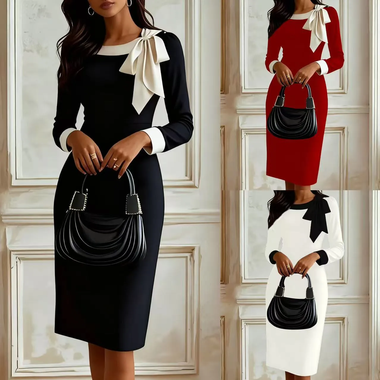 Robe Midi Moulante Élégante à Manches Longues pour Femme Décor de Nœud Papillon Couleur Contrastée Coupe Slim Robes de Travail de Bureau