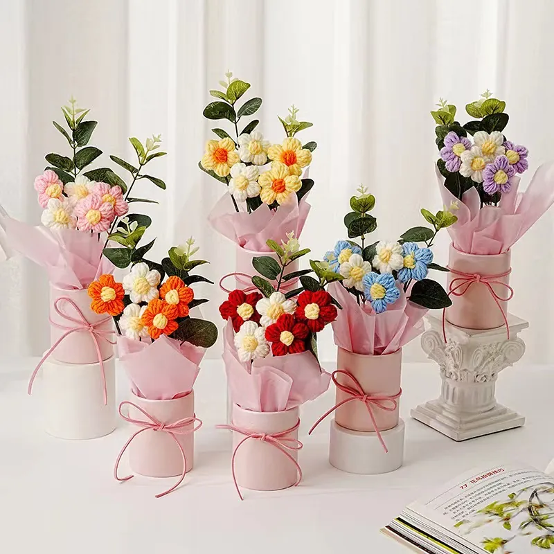 Handgefertigter Gestrickter Blumenstrauß Häkeln Puffblume Mit LED Licht Umarmungseimer Geschenkbox Für Muttertag Lehrertag Geschenk