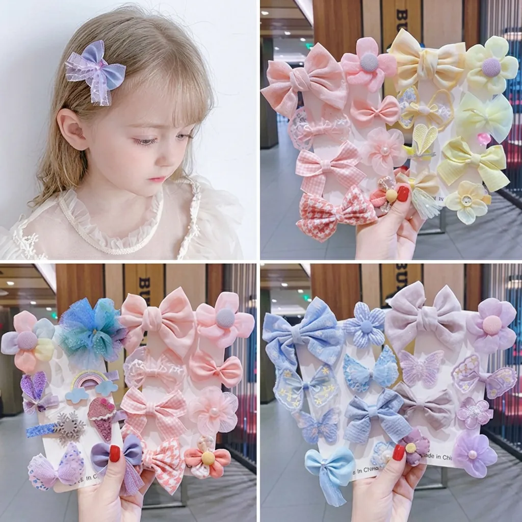 Children Mesh Fabric Bow Flower Hair Clip Set Handmade Girls Sweet Macaron Color Hair Accessories Baby Girls Hair Barrettes Headwear