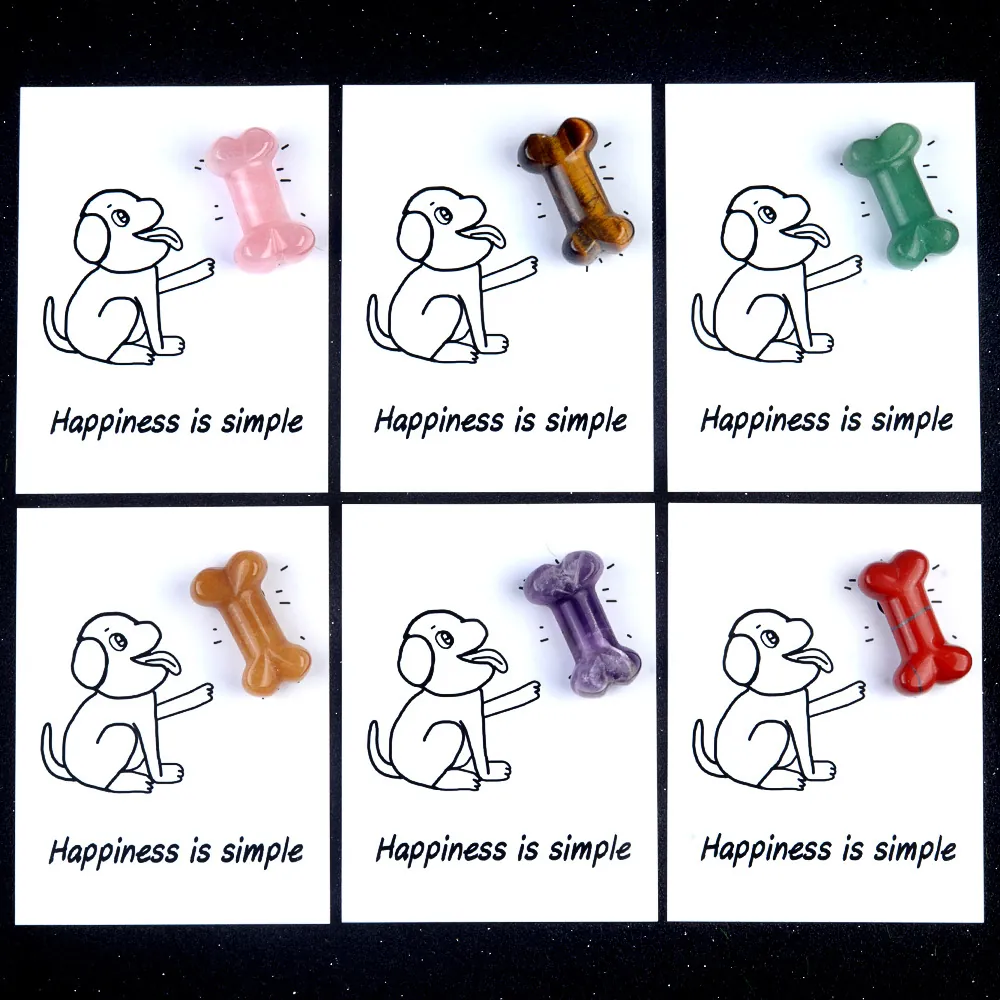 Natural Crystal Gemstone Dog Bone Healing Card Happiness Is Simple Pocket Stone Gift For Luck Decor