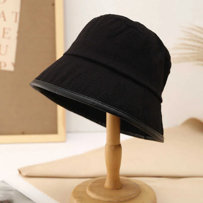 Women Bucket Hat Knitted Plaid Woven Sunshade Fisherman Cap With Leather Edging Japanese Style Wide Brim Elegant