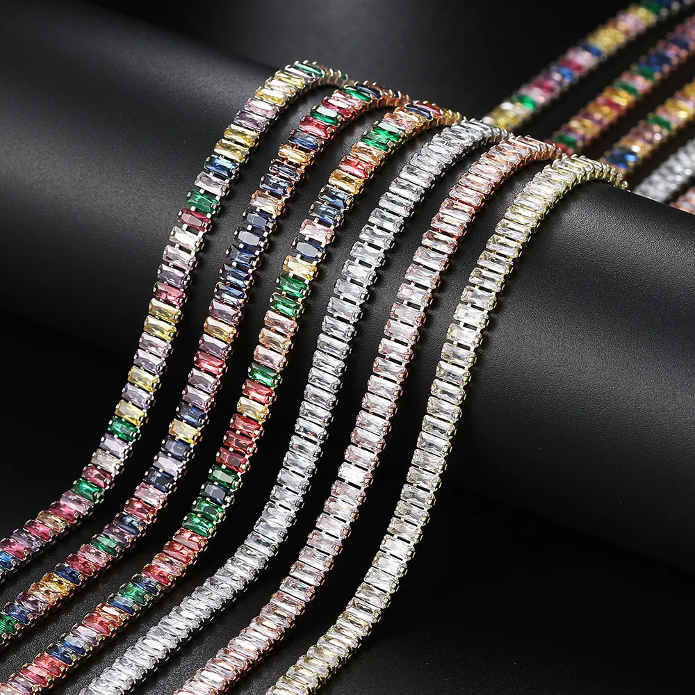 Collier Chaîne Tennis Zirconia Baguette de Luxe pour Hommes Femmes Cuivre Hiphop Arc-en-ciel Colliers Rectangulaires Ajustables Bijoux de Fête