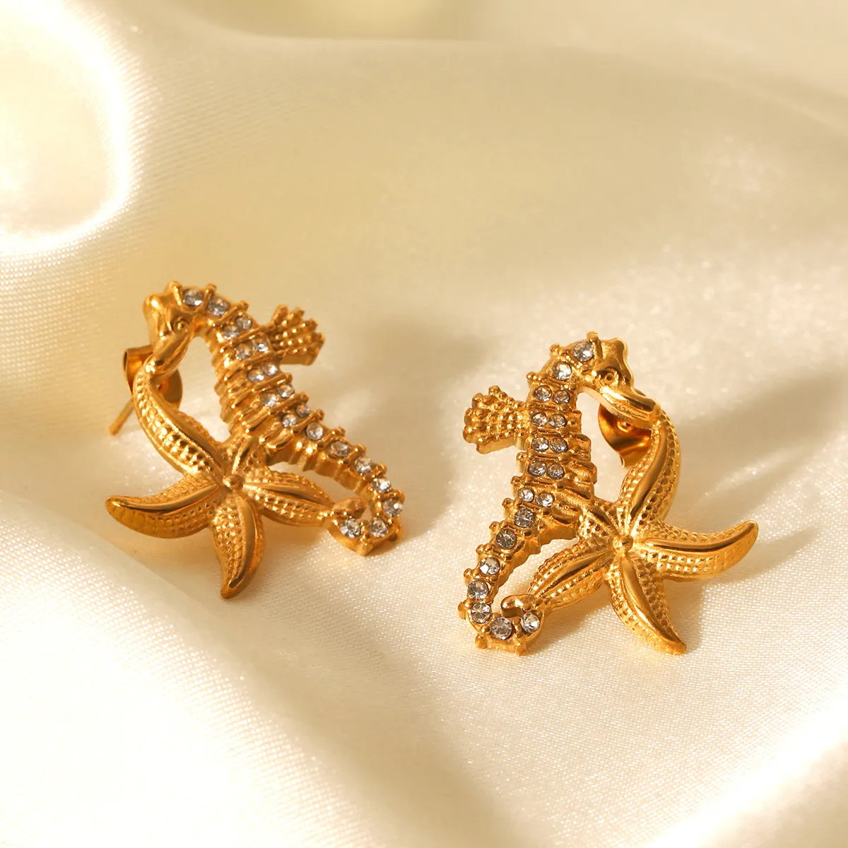 Boucles D'oreilles Hippocampe Étoile De Mer Acier Inoxydable Strass Style Océan Bijoux Pour Femmes