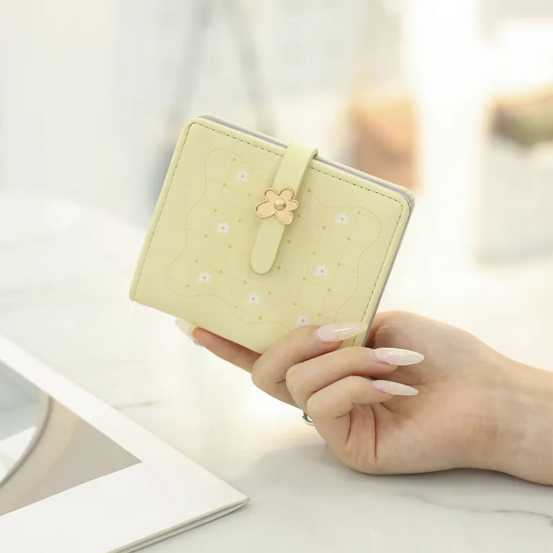 Short Folding Wallet Women PU Leather Flower Buckle Floral Print Grid Pattern Multi Card Slots Sweet Style