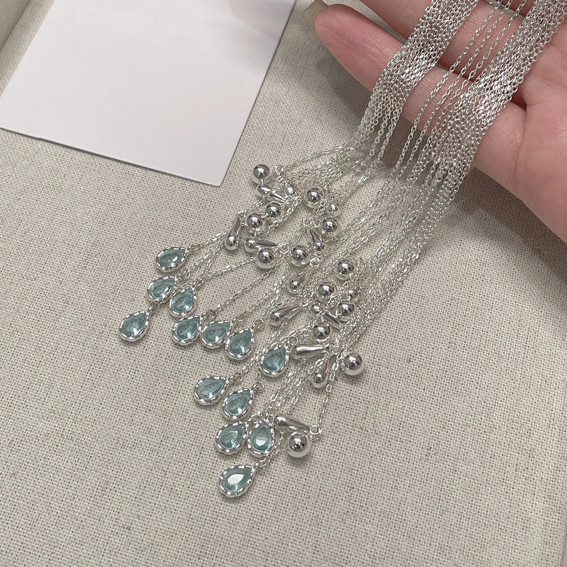 925 Sterling Silver Blue Water Drop Rhinestone Necklace Minimalist Adjustable Lariat Choker For Women Sweet Elegant Clavicle Chain Jewelry