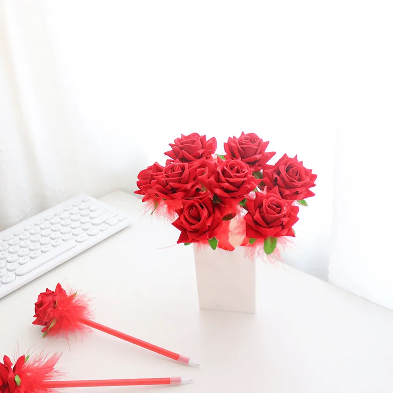 Artificial Rose Flower Ballpoint Pen Fabric Satin Feather Decor Creative Writing Stationery Teacher Student Gift Wedding Favor
