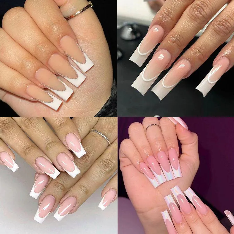 Unghie Finte Stile Francese Lunghe Quadrate Forma Bara Nude Rosa Punte Bianche ABS Unghie A Pressione Per Donne Salone