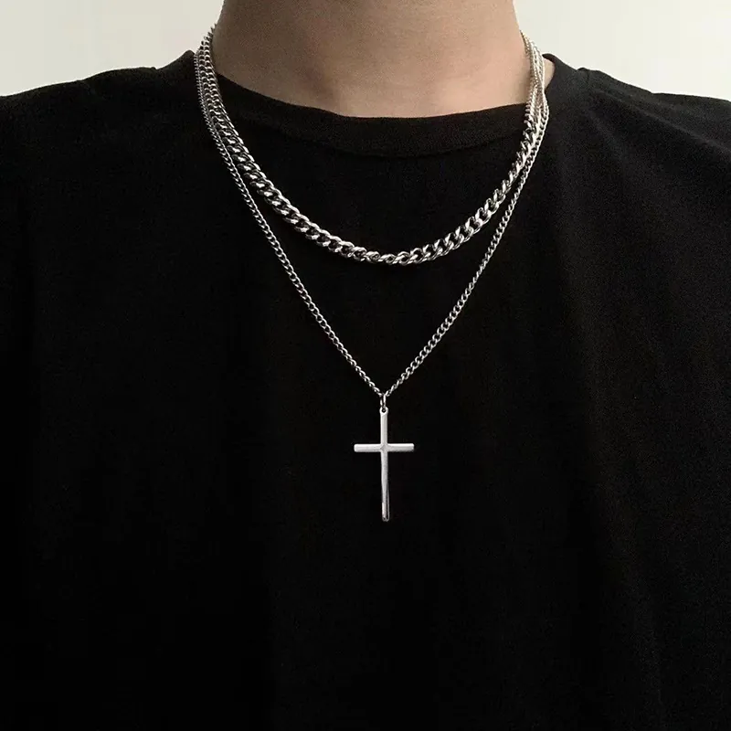 Layered Cross Pendant Necklace Alloy Cuban Link Minimalist Cool Industrial Style For Men Women