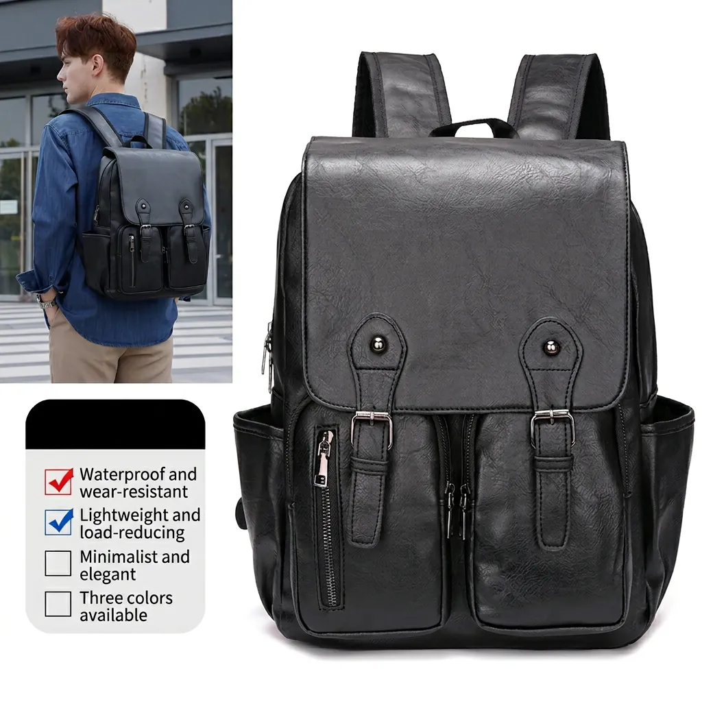Sac À Dos Rétro Cuir PU Hommes Grande Capacité Imperméable Business Voyage École Sac Vintage Ordinateur Rucksack Classique