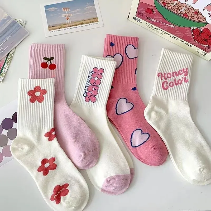 Calze Al Polpaccio Da Donna Misto Cotone Stile INS Giapponese Dolce Rosa Bianco Fantasie Fiori Cuore Ciliegia Bordi Costine