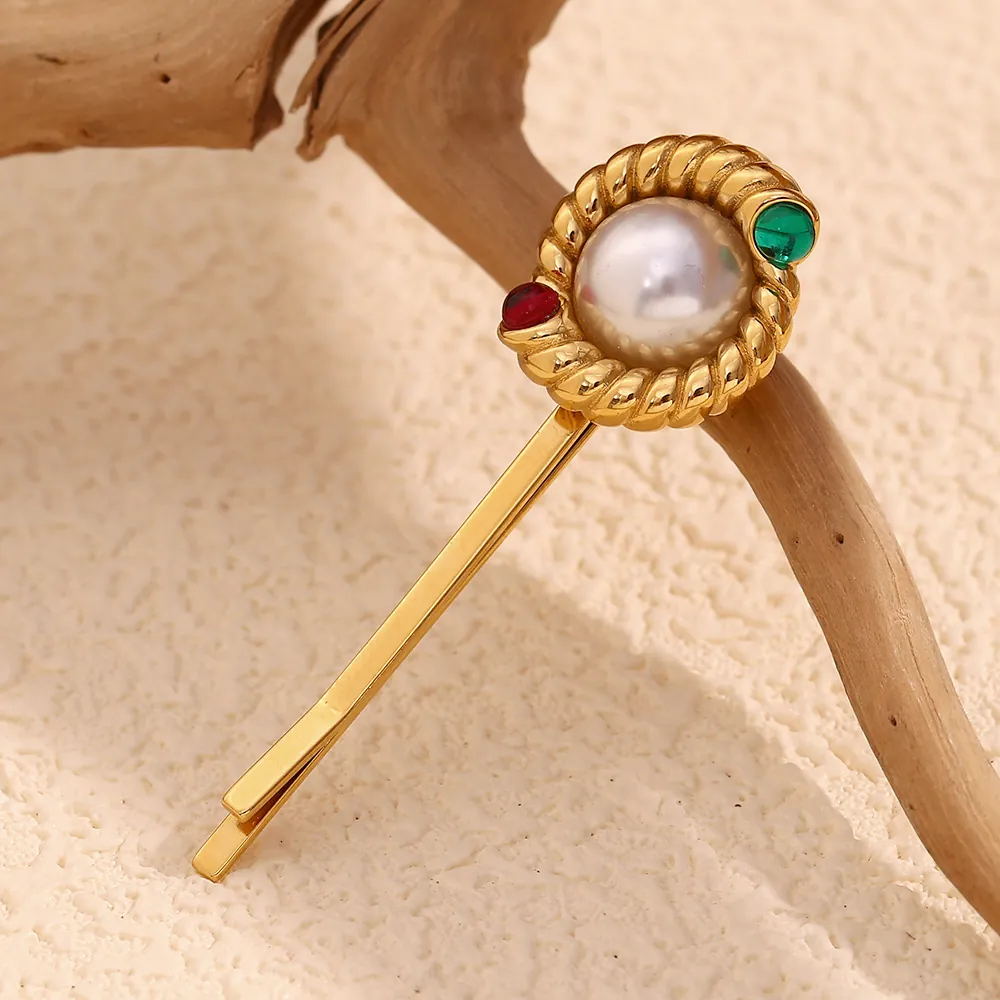 Vintage Hair Clip 18K Gold Plated Stainless Steel Twisted Rope Artificial Pearl Red Green Gemstones Bobby Pin For Women
