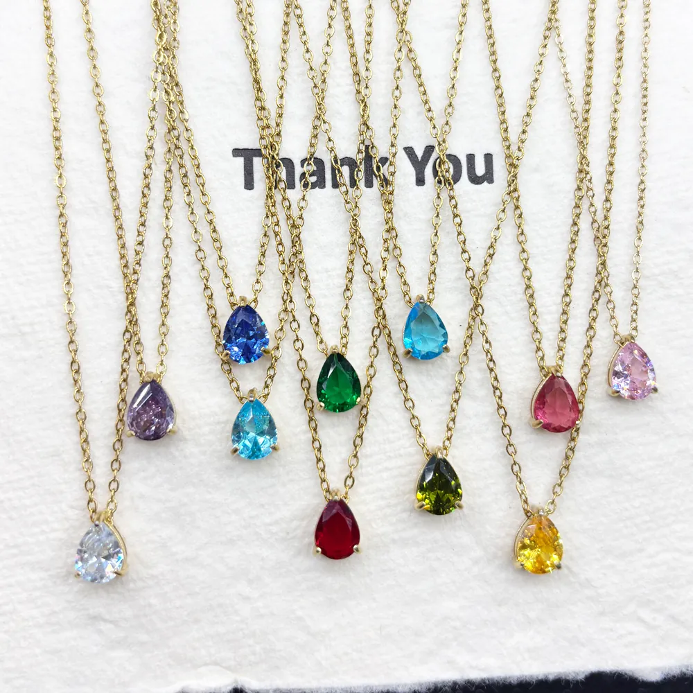 Tear Drop Birthstone Pendant Necklace Stainless Steel Zircon Pear Cut Dainty Minimalist Jewelry Gift For Women Girls
