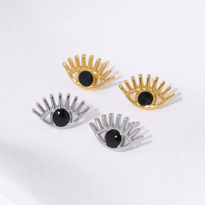 Evil Eye Stud Earrings 18K Gold Plated Stainless Steel Devil Eye Design With Eyelashes Minimalist Fashion Jewelry Women