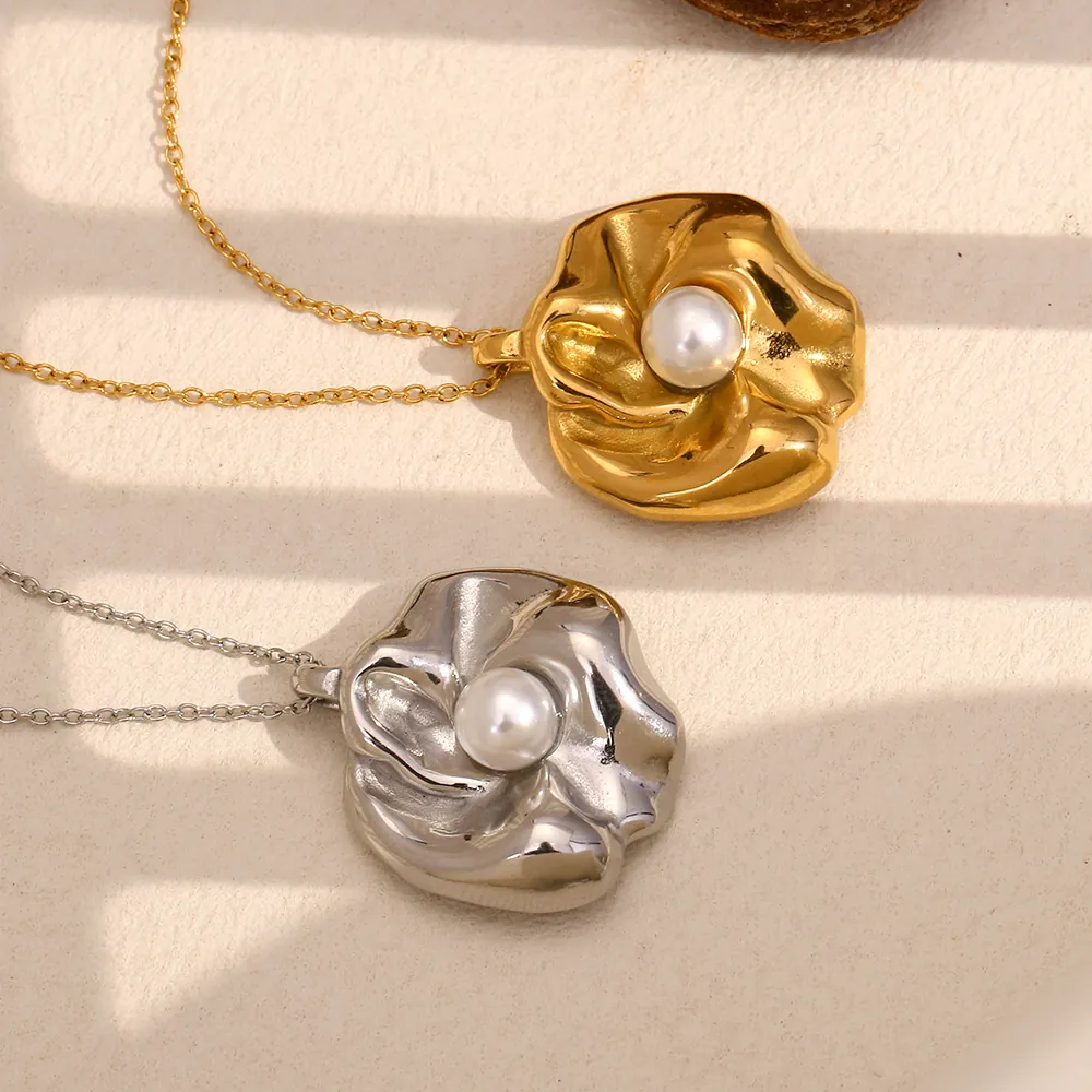 Flower Pendant Necklace Stainless Steel 18K Gold Plated With Artificial Pearl Irregular Texture French Style Elegant Jewelry For Women