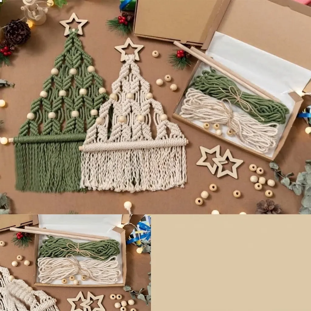 Kit DIY Sapin De Noël Macramé Corde Coton Perles Bois Étoile Tissage Fait Main Décoration Murale Bohème Maison Fête