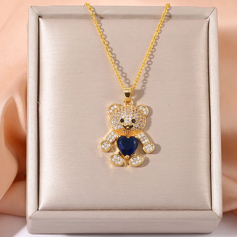 Cute Gold Plated Copper Bear Pendant Necklace With Blue Heart Zirconia Fashion Jewelry For Women Dating Party Accessory