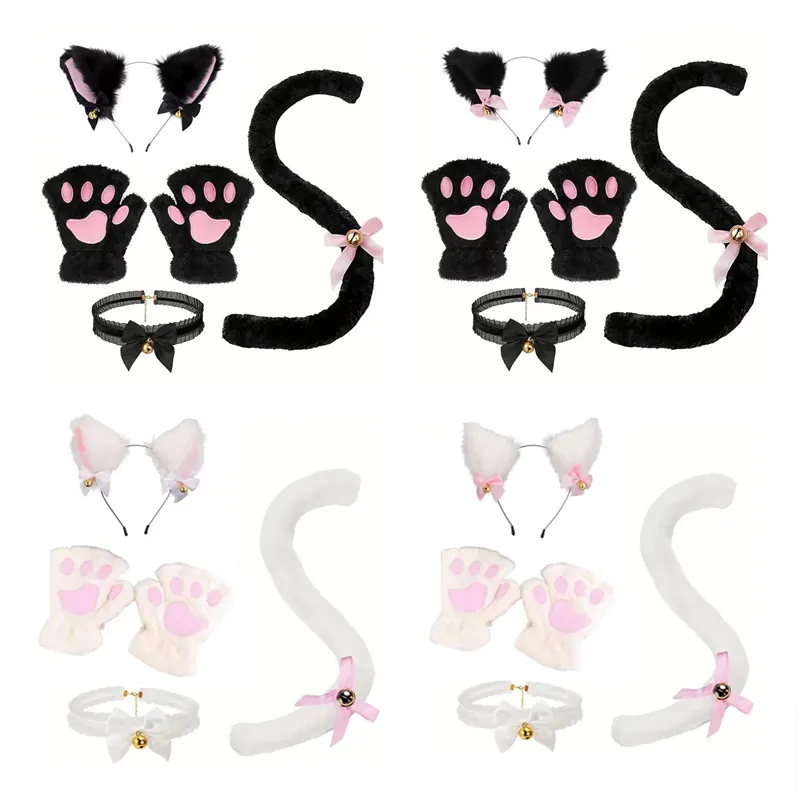 Cat Cosplay Costume Accessories Faux Fur Plush Cat Ears Headband Paw Gloves Long Tail Bell Choker Party Props For Women