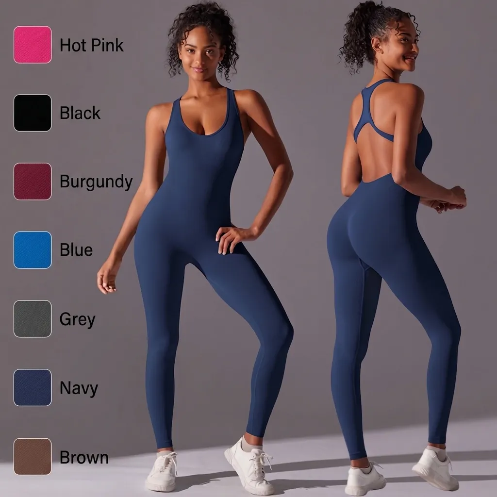 Damen Nahtlose Formgebende Yoga Einteiler Rückenfrei Slim Fit Athletic Gym Bodysuit Top And Bottom Workout Fitness Activewear