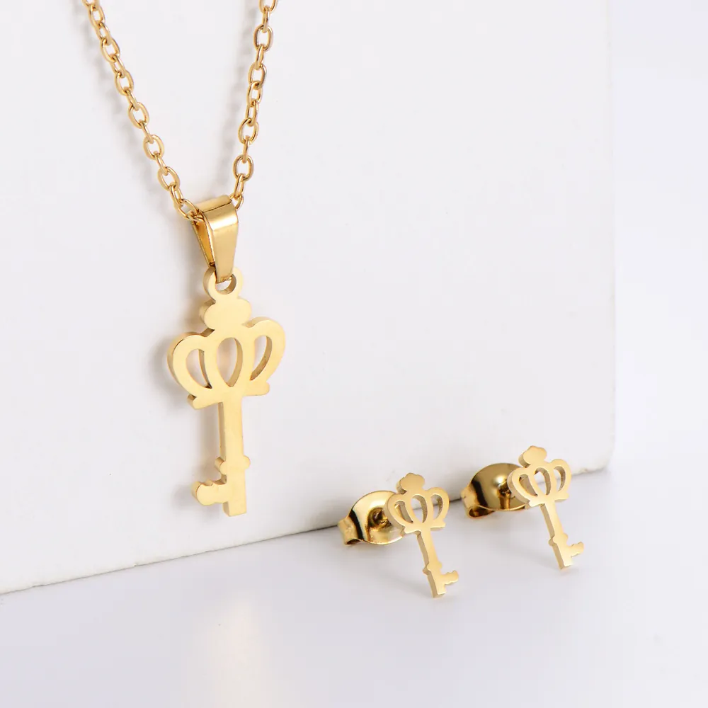 Fashion Crown Key Pendant Necklace And Earrings 316 Stainless Steel 18K Gold Plated Elegant Jewelry For Women