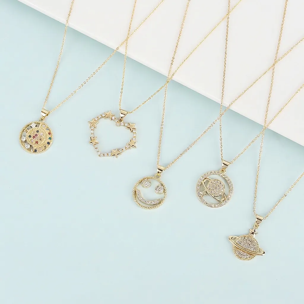 Fashion Copper Gold Plated Pendant Necklace For Women Geometric Saturn Smiley Face Heart Rhinestone Celestial Necklaces Jewelry