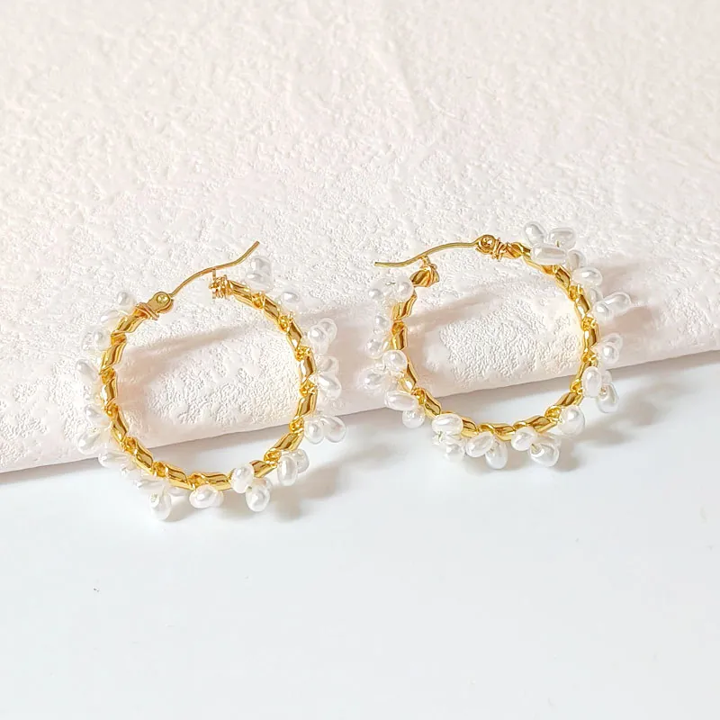 Hoop Earrings With White Imitation Artificial Pearl 18K Gold Plated Stainless Steel Handmade Wire Wrap Retro Elegant Jewelry For Women
