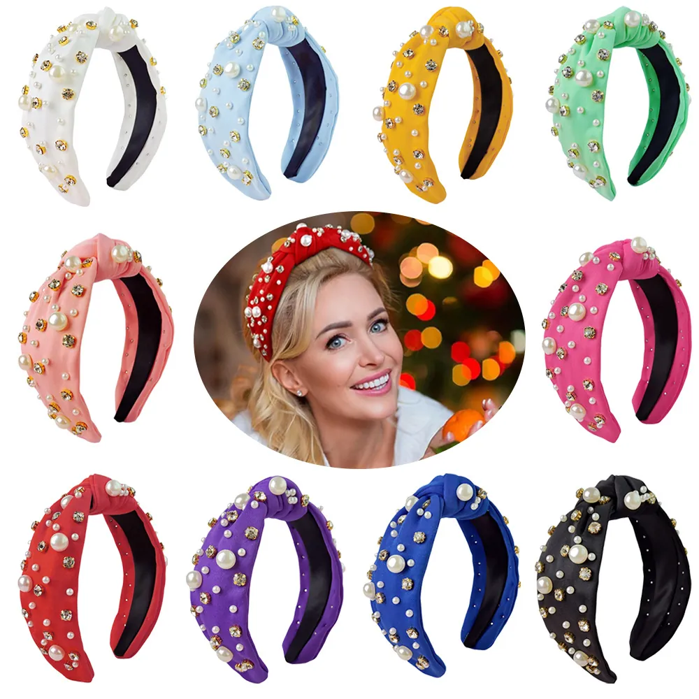 Knot Headband Fabric With Faux Artificial Pearls And Rhinestones Padded Wide Brim Fashion Hair Accessories For Women Vintage Elegant