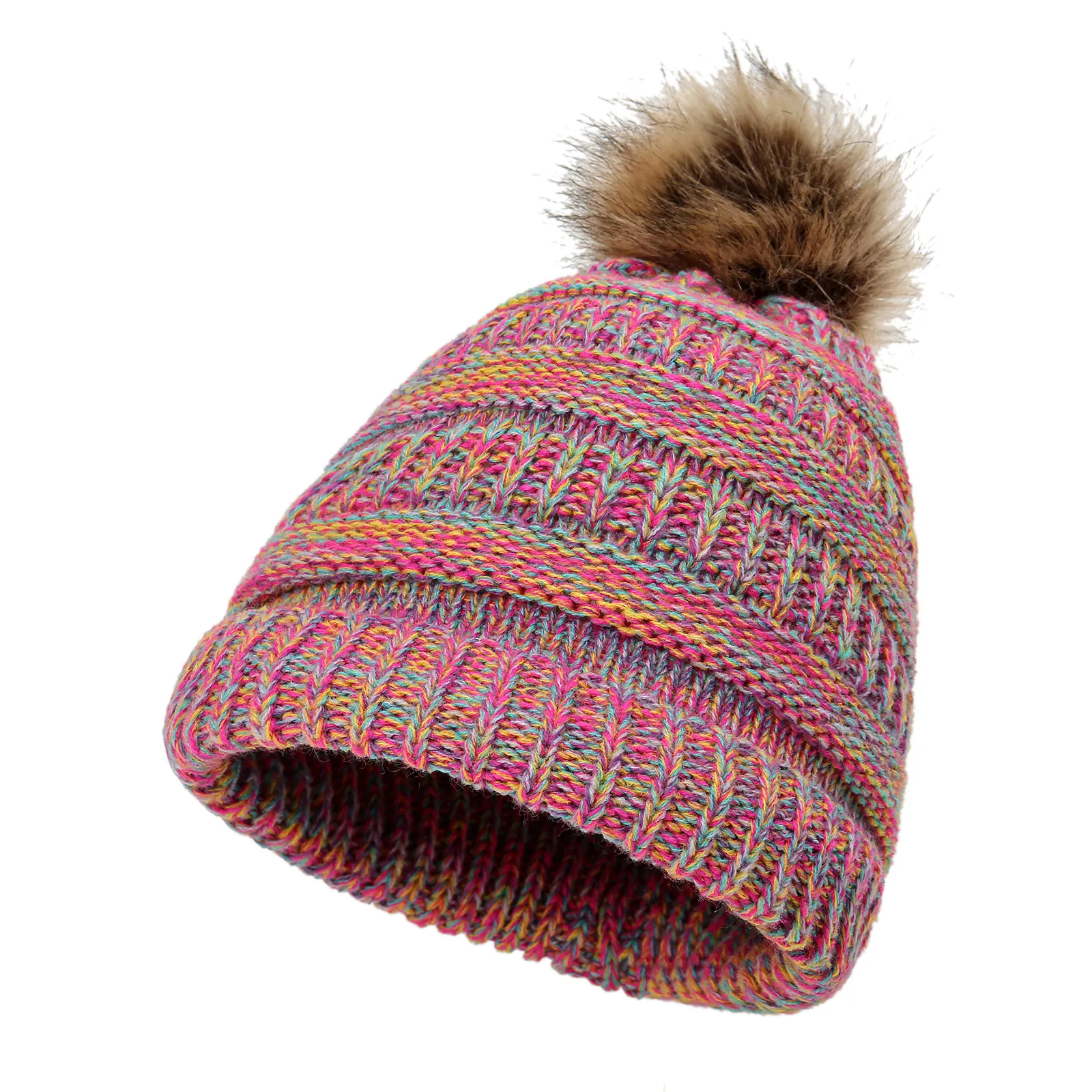 Knitted Beanie Hat With Faux Fur Pom Pom Winter Warm Acrylic Multicolor Mixed Yarn Folded Cuff Outdoor For Women Men