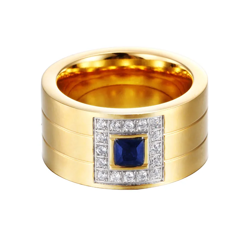 Stainless Steel Wide Band Ring 18K Gold Plated Square Zircon Inlaid Luxury Polished Geometric Jewelry For Women Men