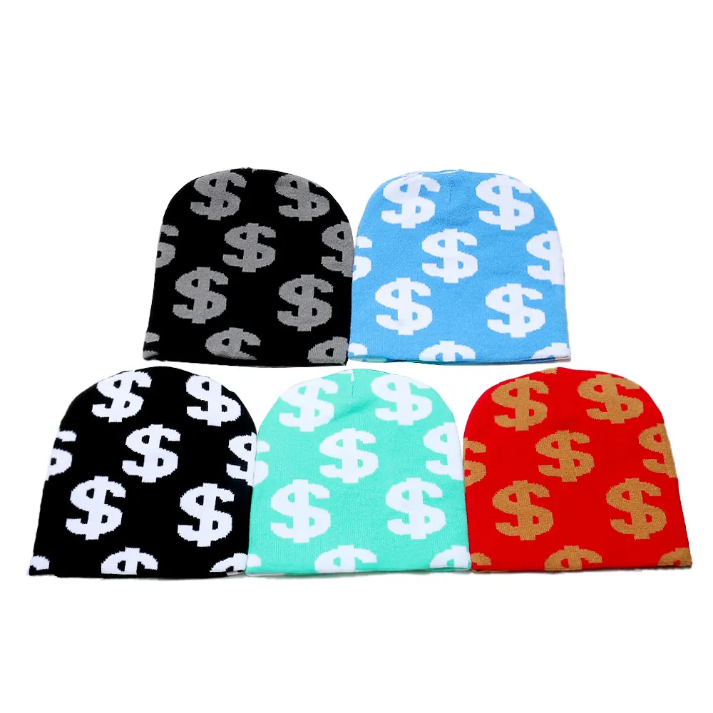 Beanie Hat Knit Acrylic Warm Winter Dollar Sign Pattern Hip Hop Streetwear Unisex Cold Weather Skull Cap