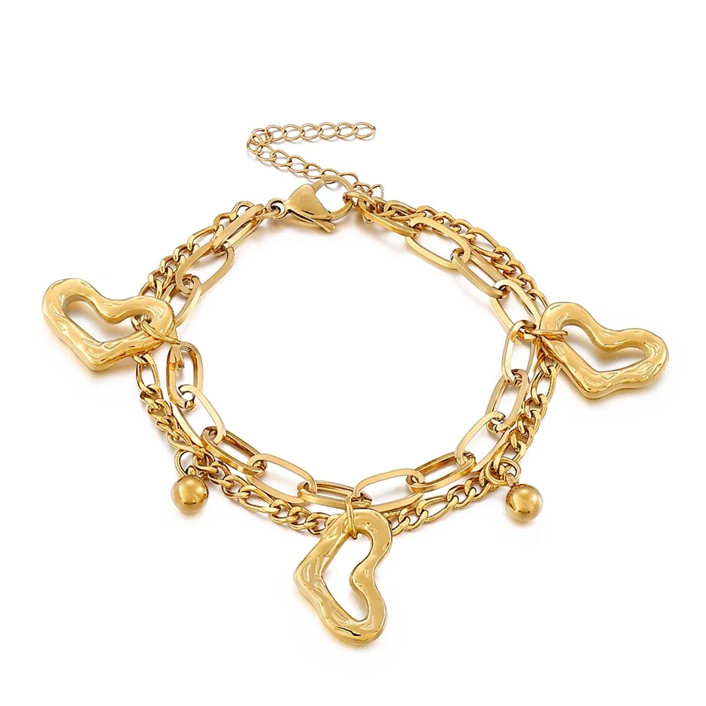 Bracelet Double Couche En Acier Inoxydable Avec Pendentifs Cœur Creux Et Perles Rondes Bijoux De Mode Élégants Pour Femmes
