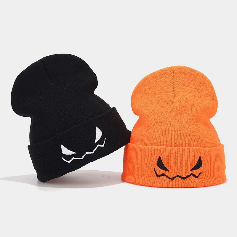 Halloween Kürbis Böses Lächeln Bestickt Strickmütze Für Damen Herren Lustig Orange Schwarz Weiß Winter Warm Acryl Mütze