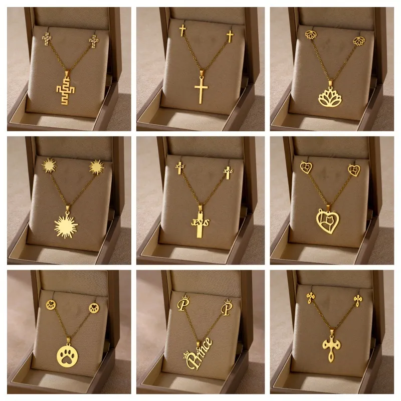 Stainless Steel Necklace And Earrings Gold Plated Multiple Shapes Design For Women Elegant Daily Wear